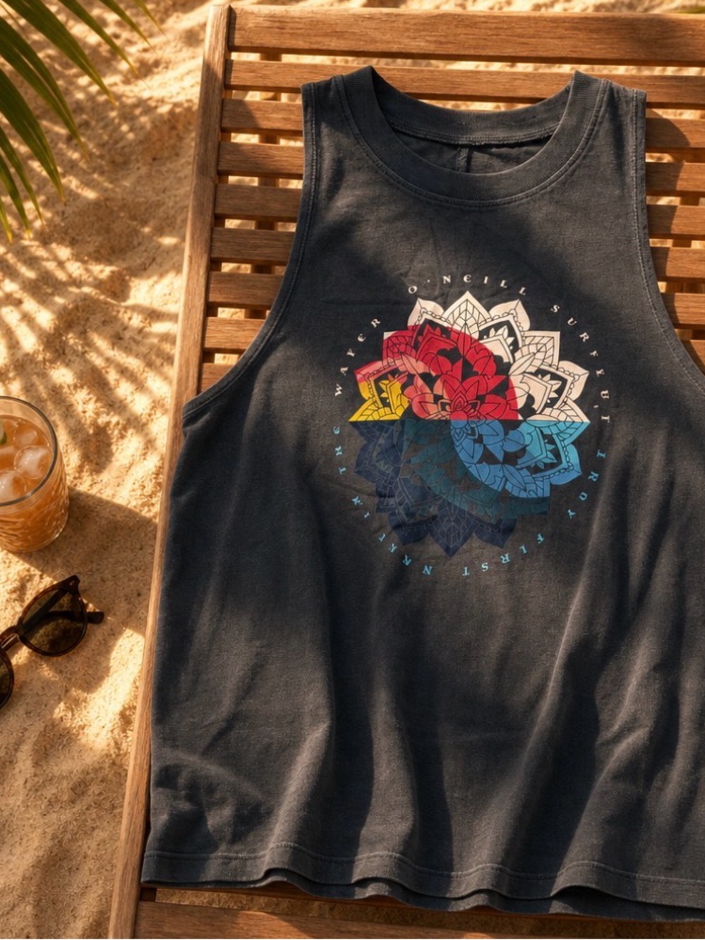 O'Neill Black Muscle Tank with Multicolor Lotus Graphic